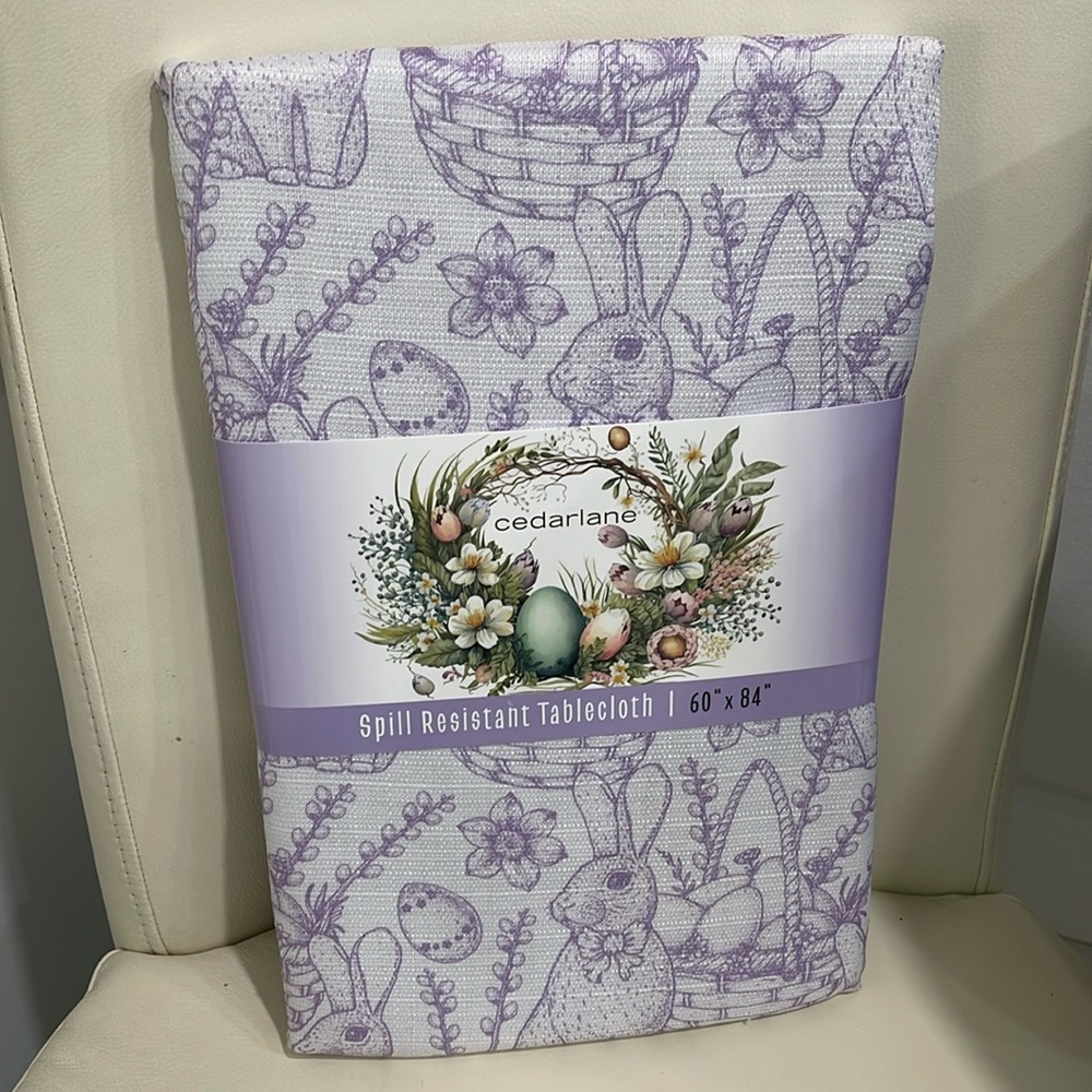 Cedarlane Lilac/White Easter Bunny/Floral Spill Resistant 60" x 84" Tablecloth